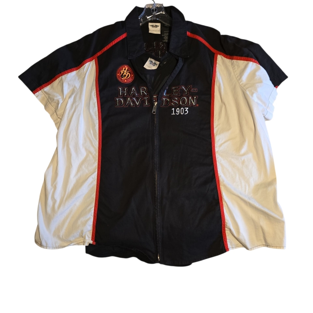 Harley-Davidson Black and White Zip-Up Shirt with Red Details 3x
